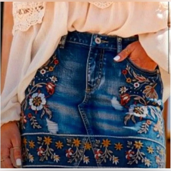 Altar'd State Dresses & Skirts - Jean denim Mini Skirt Small  Floral Embroidered Print  EUC by Altar’d State